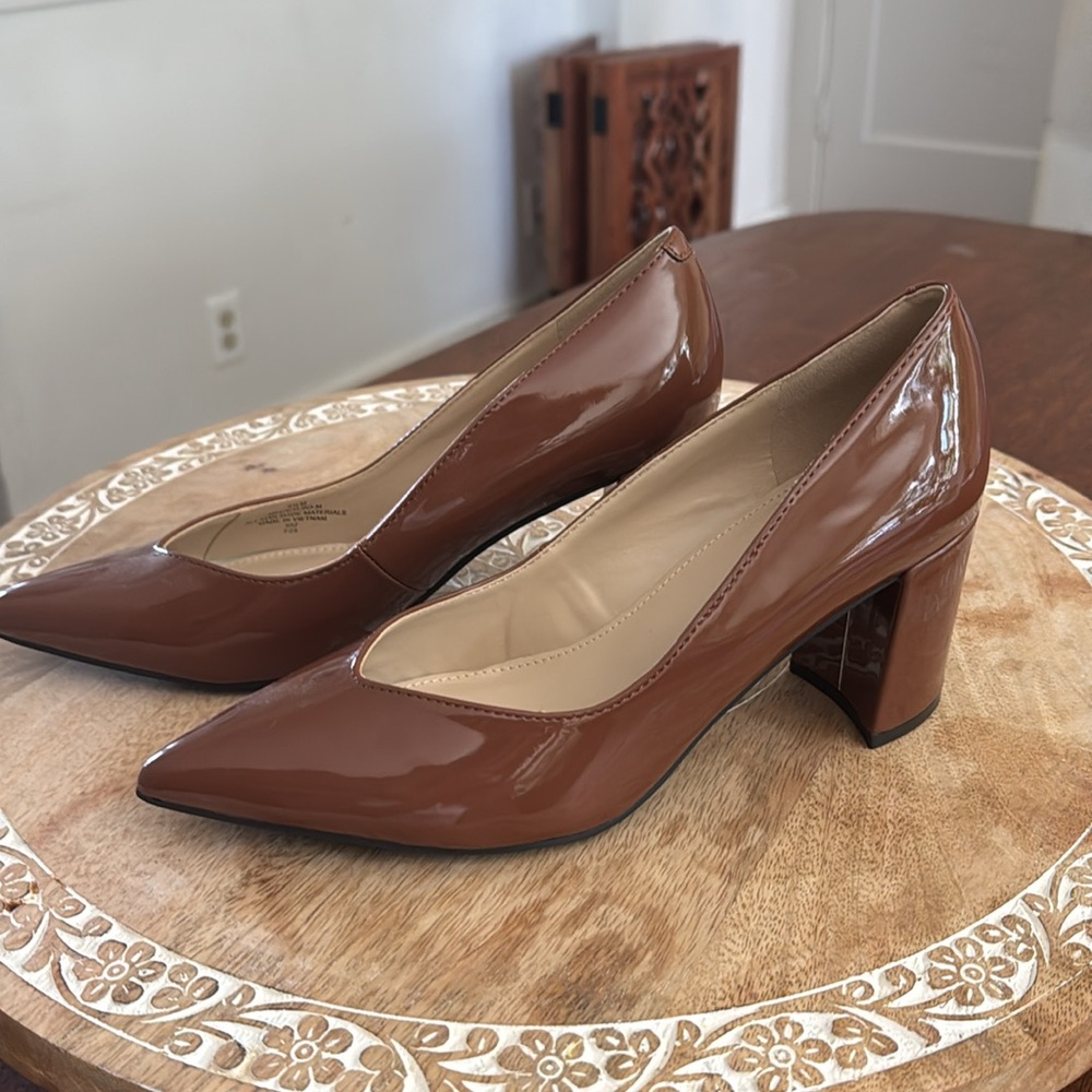 Marc Fisher Brown Patent Pointed-Toe Pumps - Picture 2 of 11
